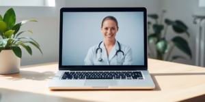 Laptop with doctor on screen