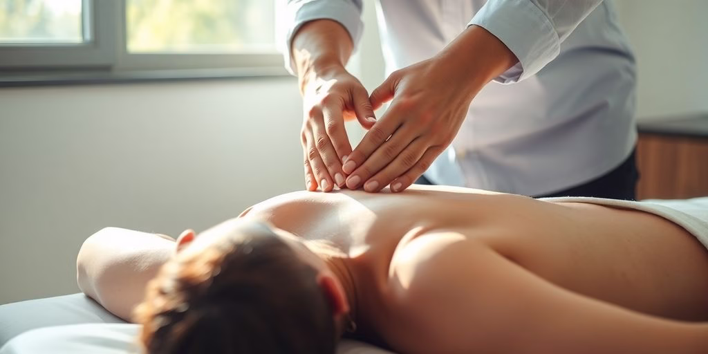 Chiropractor adjusting patient's back with hands.