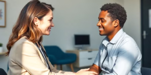 Nurse practitioner smiling, comforting patient.