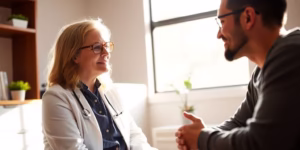 Psychiatrist consulting with a patient in a Dallas office.