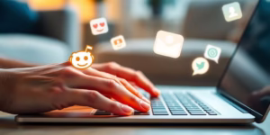 Person's hands typing on a laptop, surrounded by glowing social media icons.