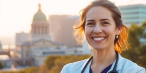 Nurse practitioner smiling, Austin skyline backdrop.