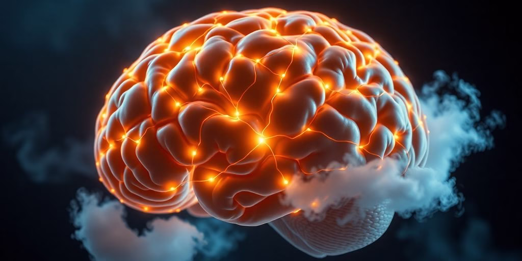 Brain with connections and swirling clouds.
