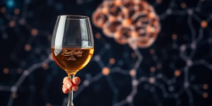 Person holding a glass of wine near a brain illustration.