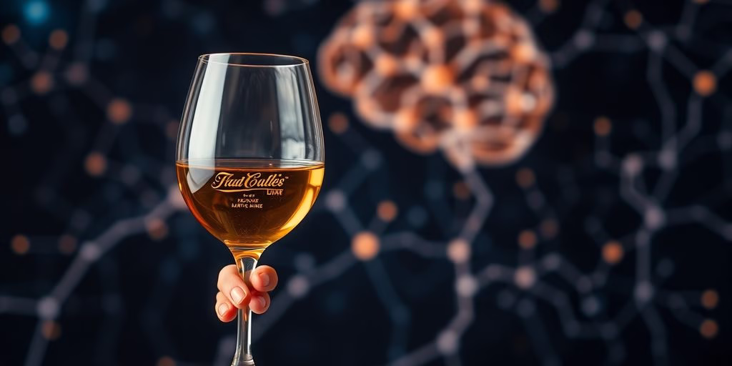 Person holding a glass of wine near a brain illustration.