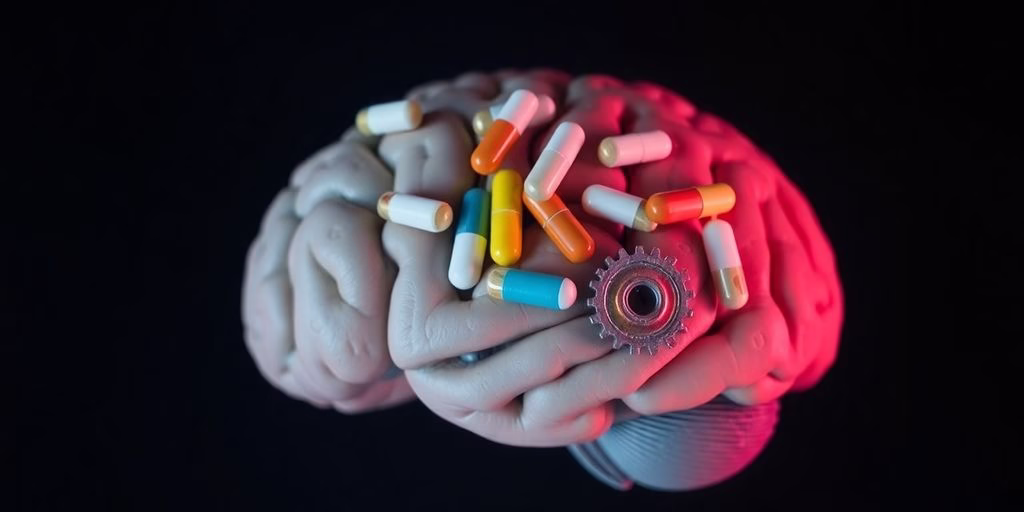 Brain with medication capsules and gears.
