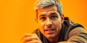 Person focusing intently with vibrant colors.