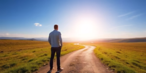 Person navigating a winding path towards a calm horizon.