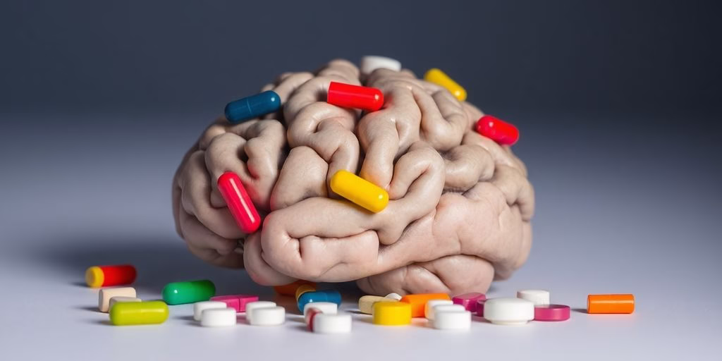 Brain scan with highlighted medication symbols.