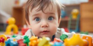 Child looking curious with scattered toys.