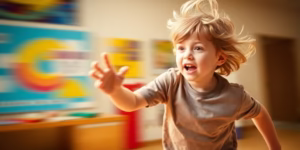 Child with ADHD exhibiting hyperactivity.