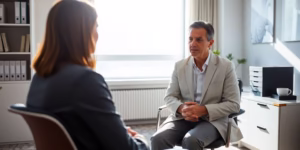 Psychiatrist in office with patient.