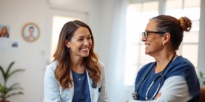 Nurse practitioner examining patient in a modern clinic.