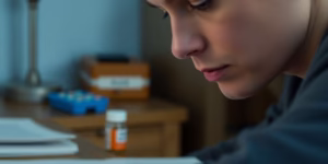 Person focusing on a task with medication.