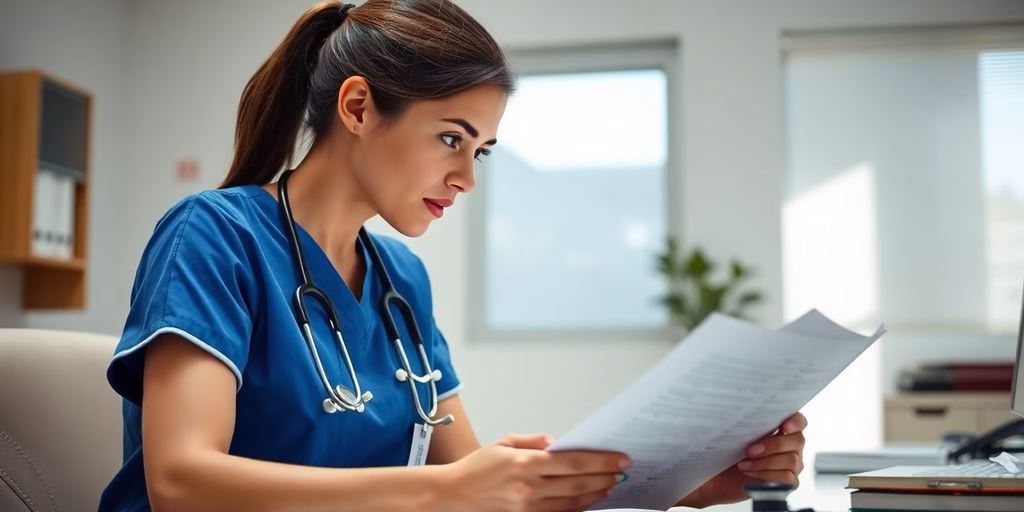 Nurse practitioner reviewing medical chart, stethoscope nearby.