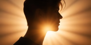 Person looking thoughtfully towards bright light.
