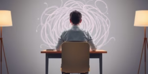 Person calmly working despite a swirling abstract background.
