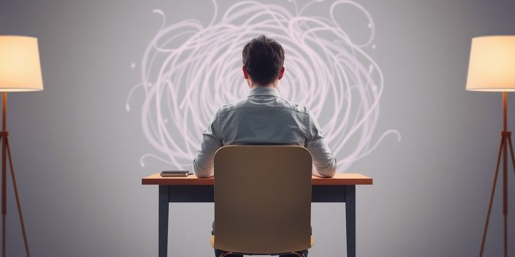 Person calmly working despite a swirling abstract background.