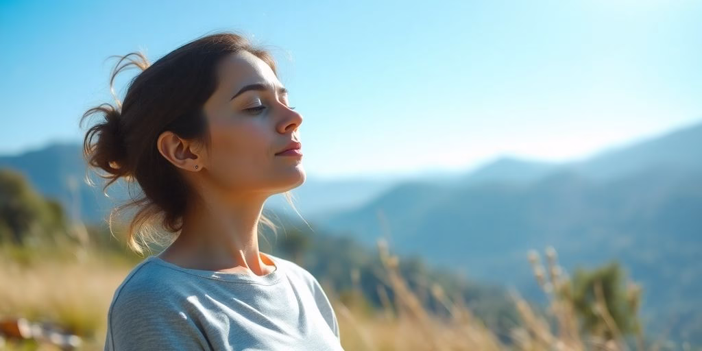 Person meditating peacefully outdoors with serene background.