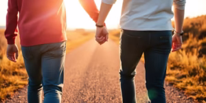 Couple holding hands, navigating a path.