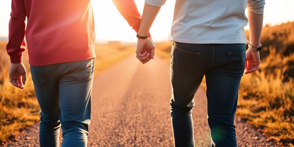 Couple holding hands, navigating a path.