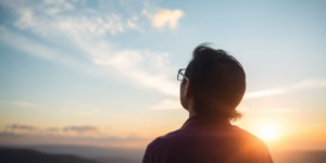 Person looking at a serene nature scene.