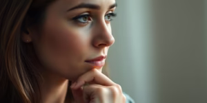 Woman looking thoughtful, hand near her chin.