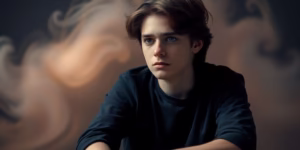Teenager looking thoughtful, with abstract colorful blurs in background.