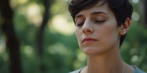 Person breathing deeply in a calm setting.