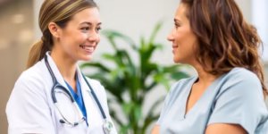 Nurse examining patient with book.