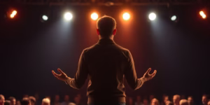 Person confidently speaking on a brightly lit stage.