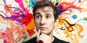 Person thinking with colorful, scattered thought bubbles.