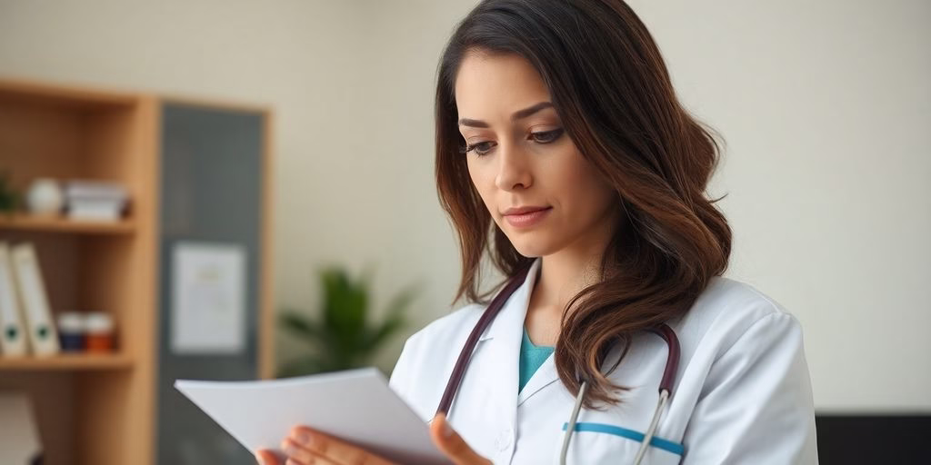 Nurse practitioner reviewing medical chart with prescription pad.