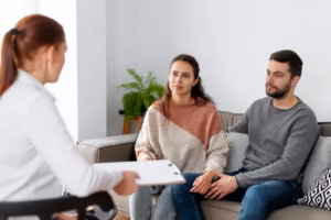A psychiatrist consulting her patients for the right care